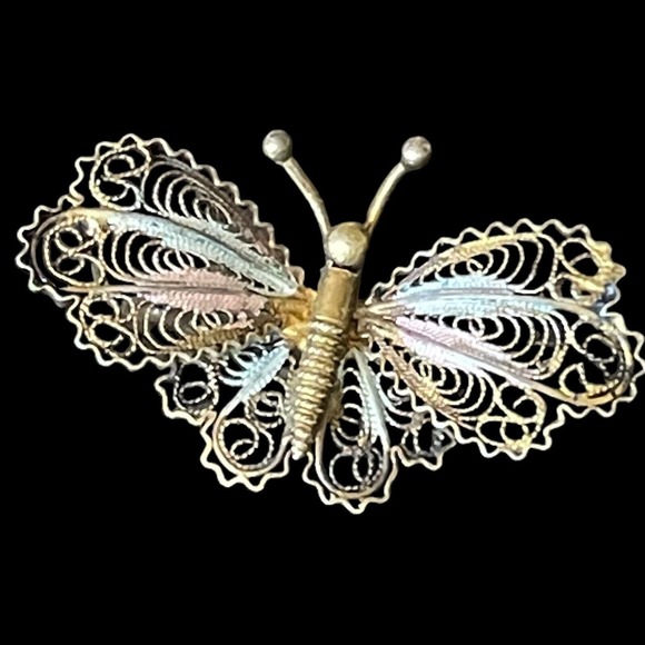 ANTIQUE Filigree Open Work Signed 800 Silver Enamel Butterfly Brooch Pin Small - Picture 1 of 6